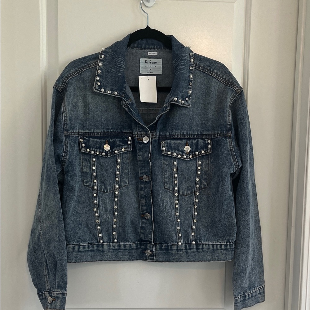 NWT Ci Sono pearl/glass studded denim jacket size medium